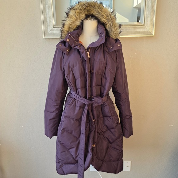 Lands End Womens XL Long Puffer Coat Plum Purple Down Filled Faux Fur Trim Hood - Picture 1 of 9